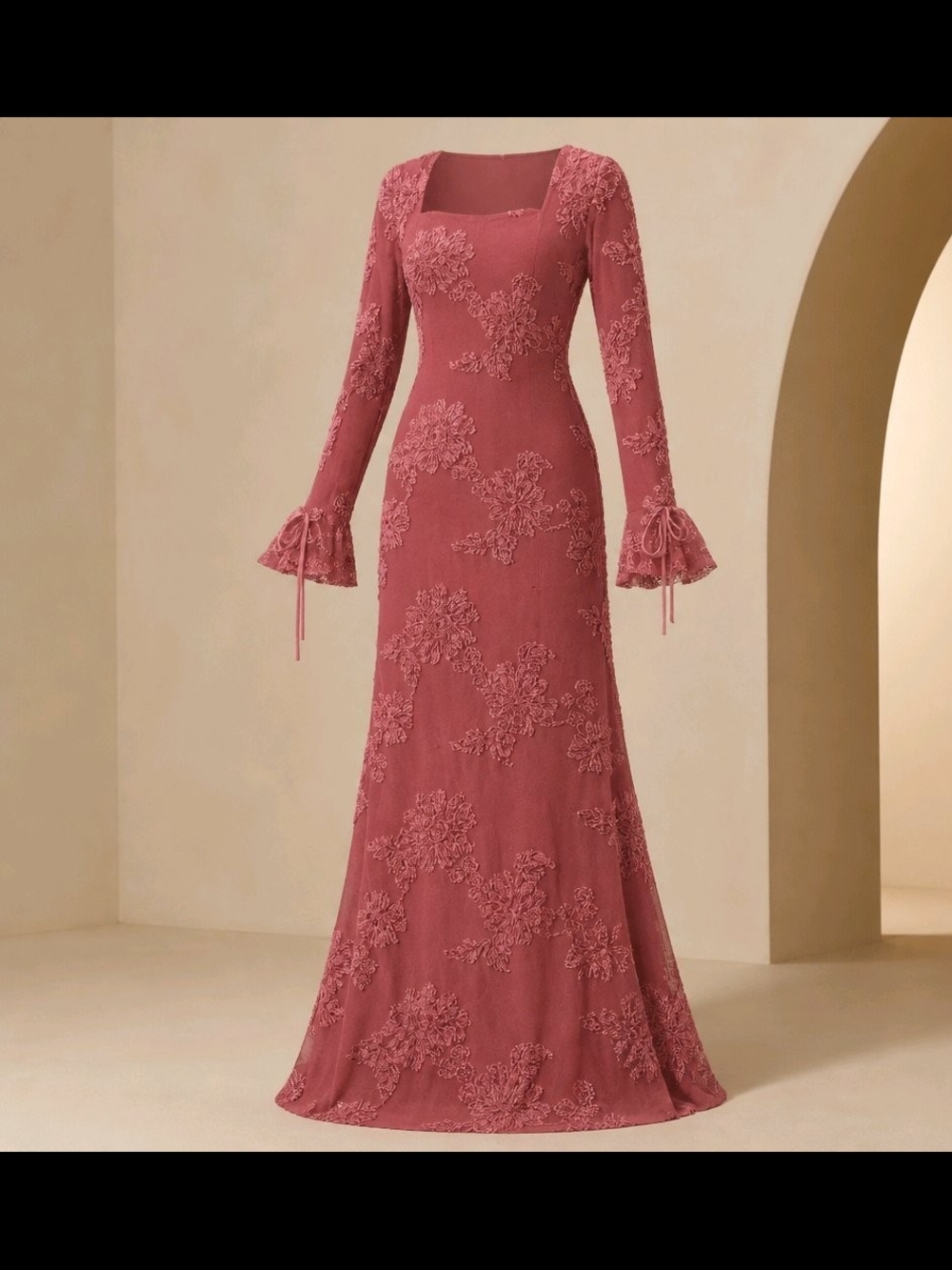 Fashion Nova Dusty Rose Lace Maxi Dress with Bell Cuffs
